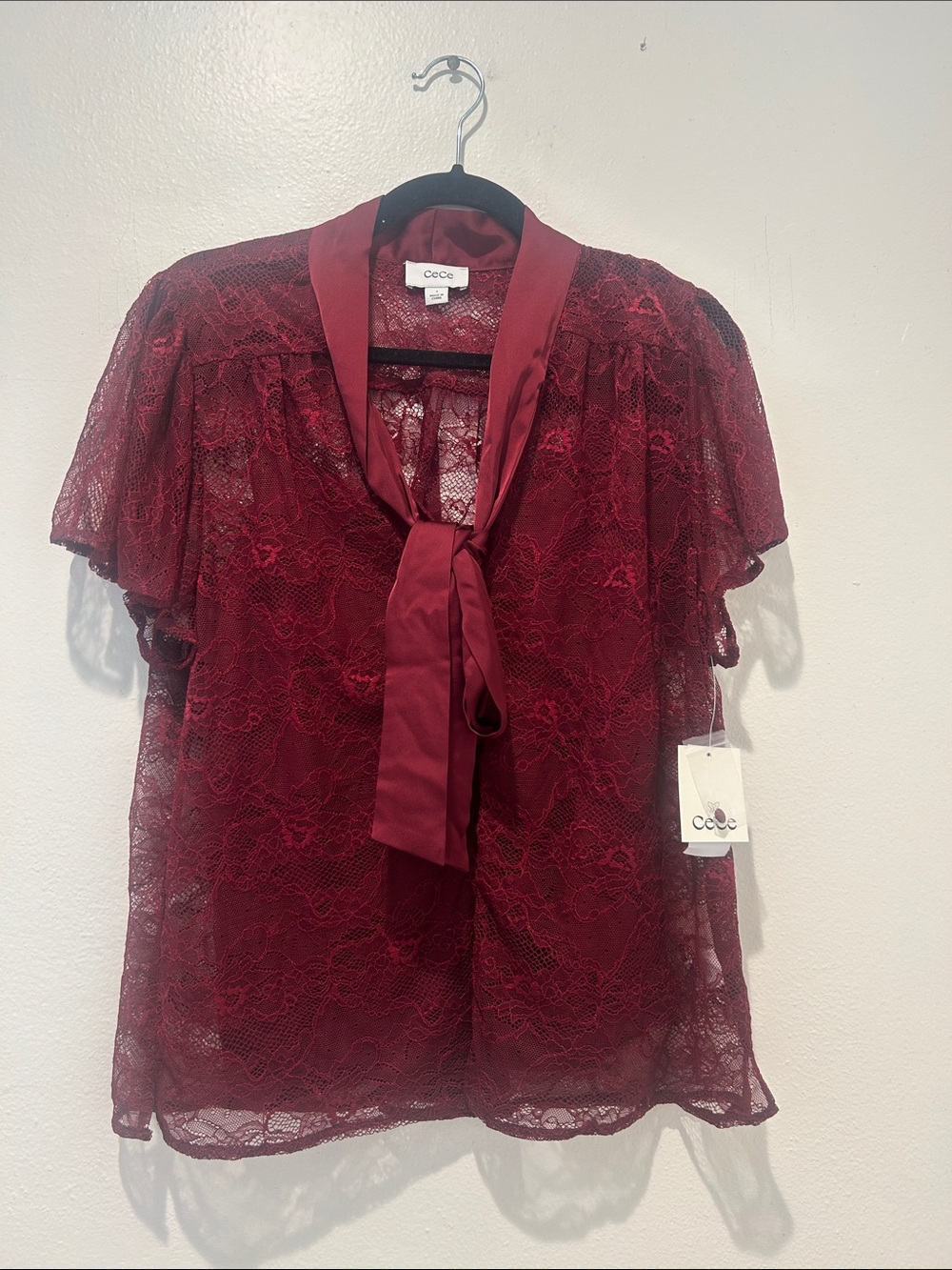 CeCe Wine Lace Tie-Neck burgundy blouse